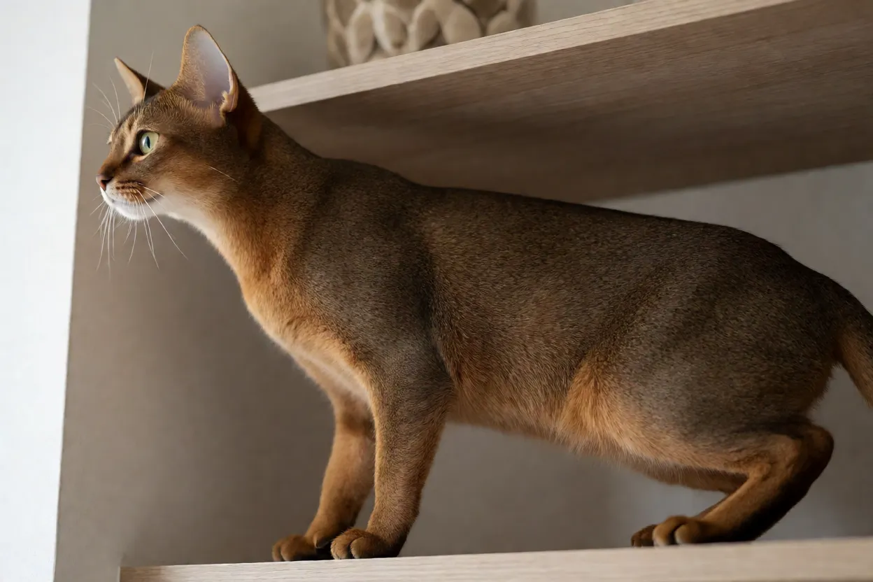 7 Raças de Gatos mais Inteligentes e Curiosas Gato Abissínio explorando uma prateleira alta