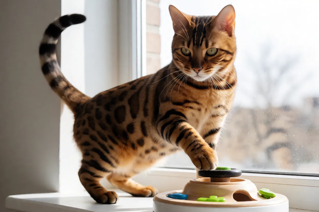 7 Raças de Gatos mais Inteligentes e Curiosas Gato Bengal brincando com brinquedo interativo perto de uma janela