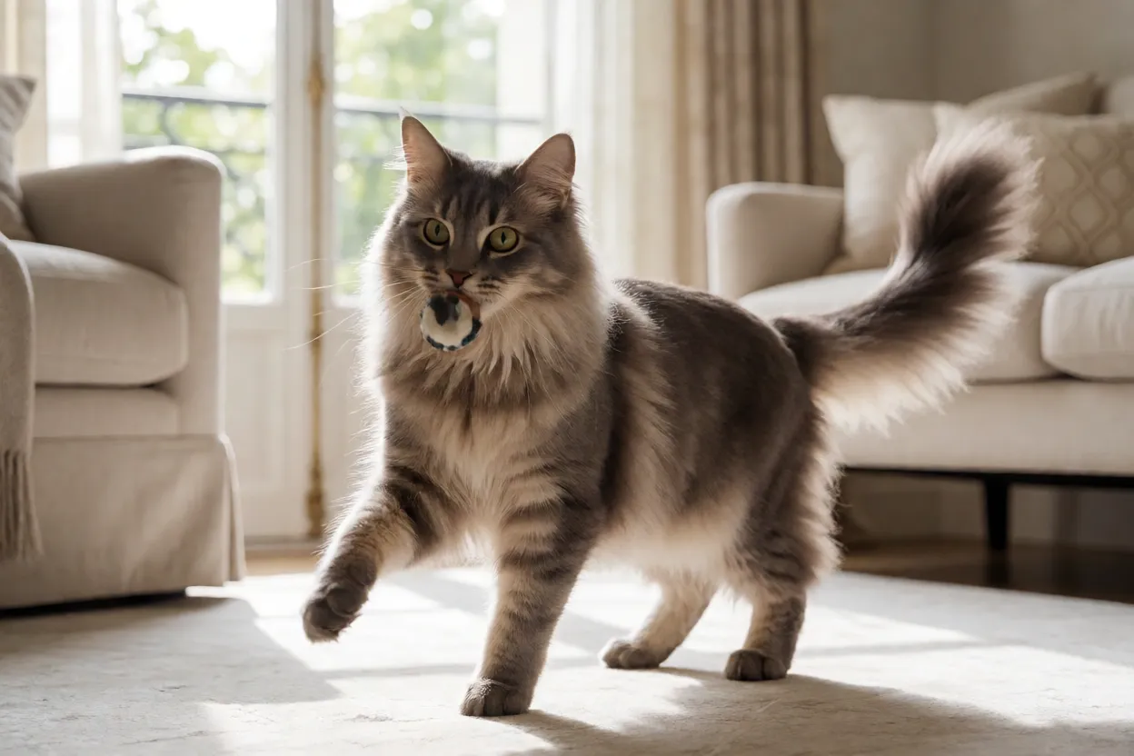 7 Raças de Gatos mais Inteligentes e Curiosas Angorá Turco brincando com uma bolinha em uma sala iluminada