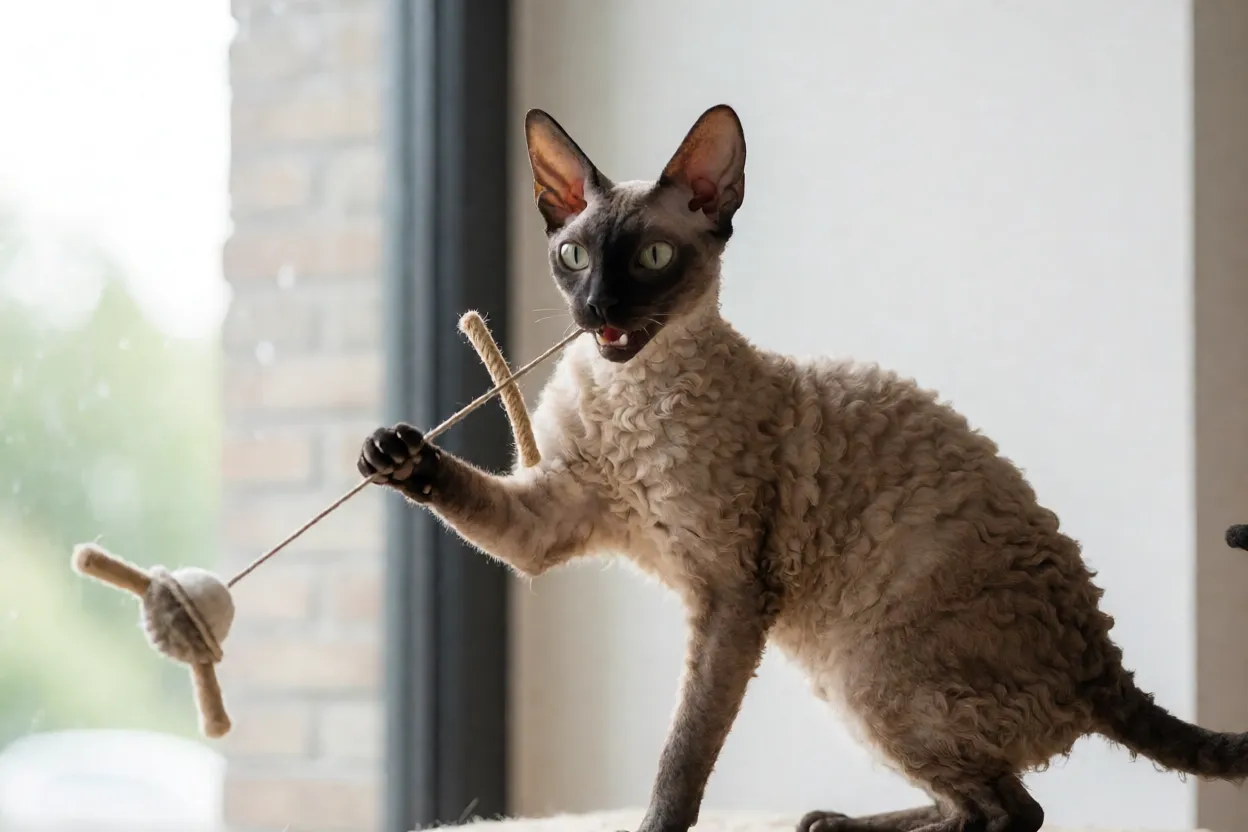 7 Raças de Gatos mais Inteligentes e Curiosas Gato Cornish Rex brincando com um brinquedo interativo