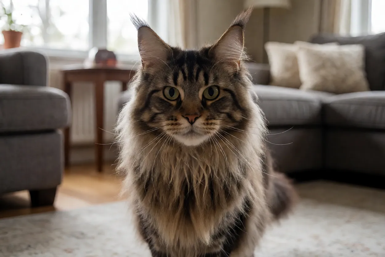 7 Raças de Gatos mais Inteligentes e Curiosas Maine Coon observando um brinquedo escondido em uma sala