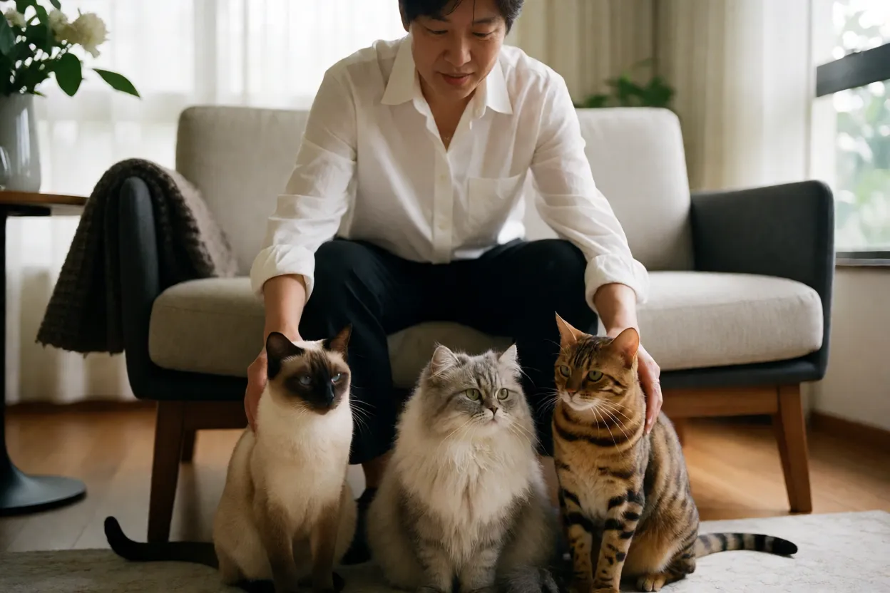 7 Raças de Gatos Raras que Muita Gente Não Sabe que Existe Pessoa comparando raças de gatos raras em um ambiente doméstico