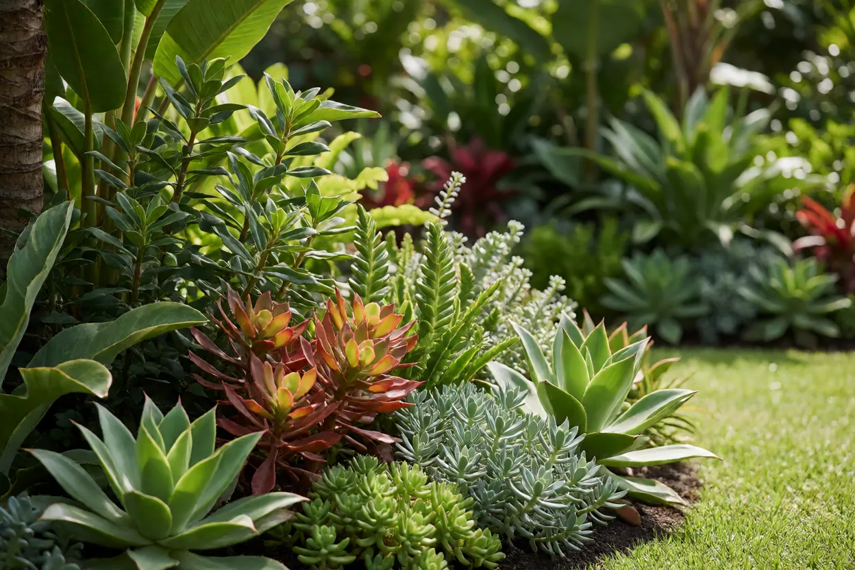 Jardim tropical brasileiro adaptado com nativas e suculentas