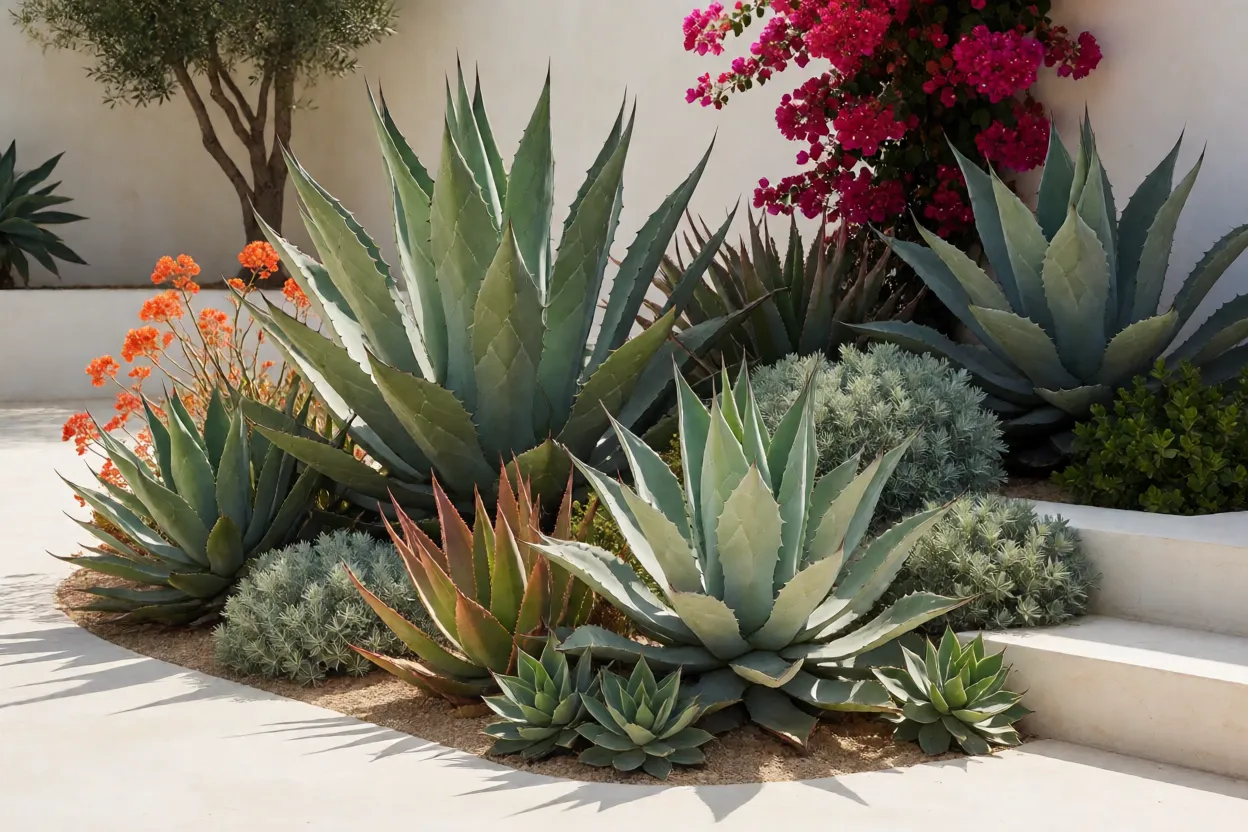 Jardim seco com agaves e bougainvillea em hardscape limpo