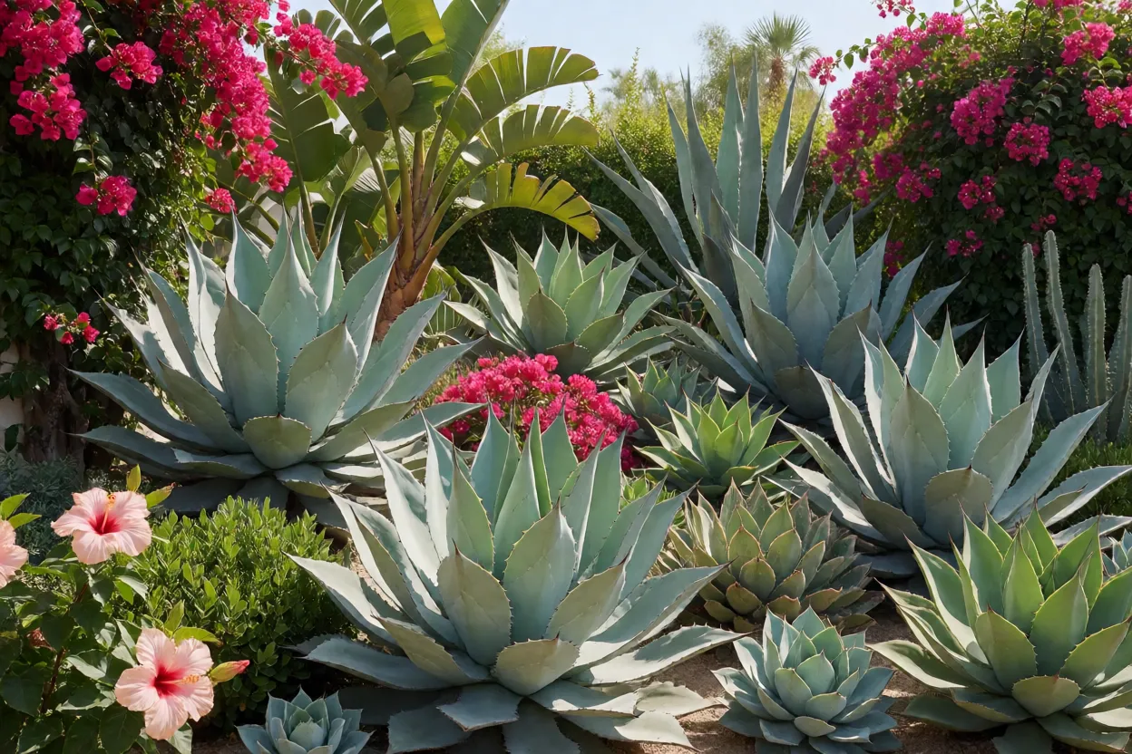 Jardim estilo des&eacute;rtico com agaves, suculentas e bougainvillea