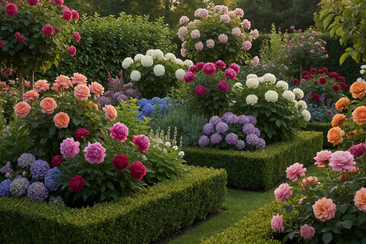 Jardim cl&aacute;ssico com rosas, hort&ecirc;nsias e buxinhos podados