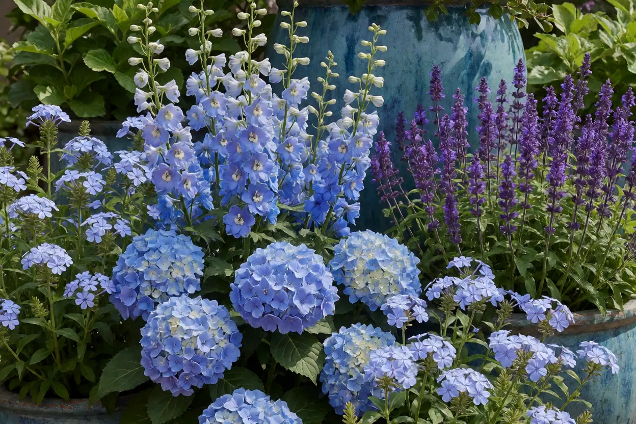 Jardim com flores azuis verdadeiras e elementos decorativos azuis