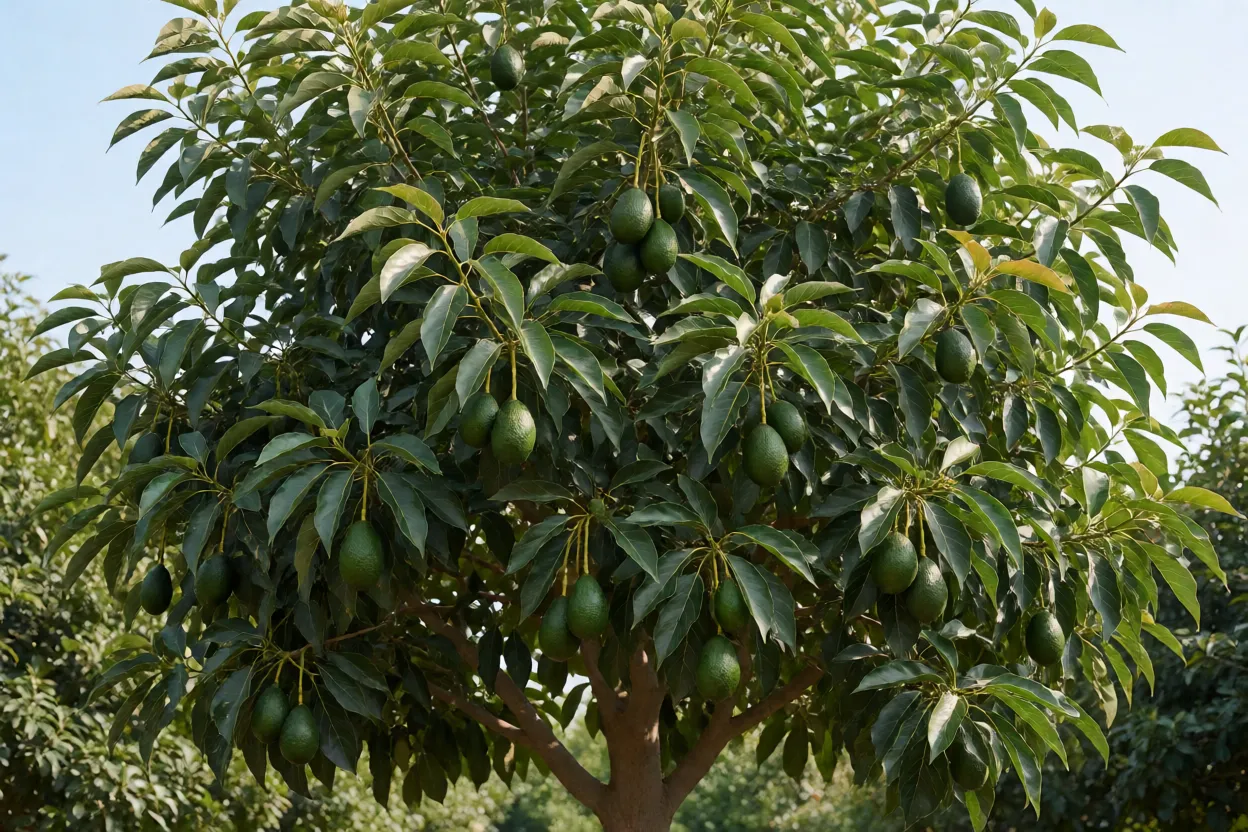 Abacateiro adulto com copa densa e frutos pendurados nos galhos