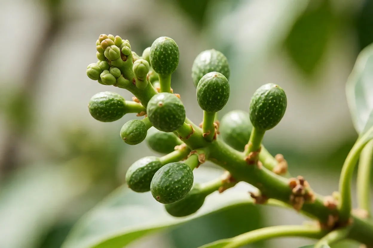 Cacho de frutinhos de abacate pequenos e verdes rec&eacute;m-formados no galho