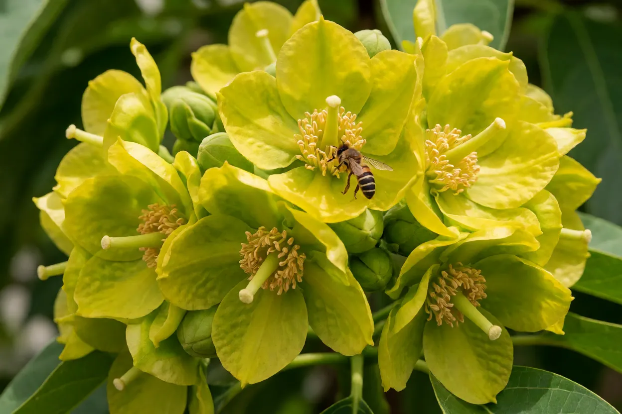 Flores amarelo-esverdeadas do abacateiro com uma abelha visitando o cacho