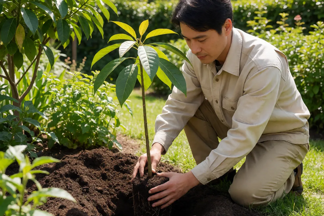 Pessoa plantando uma muda de abacateiro enxertada em uma cova aberta