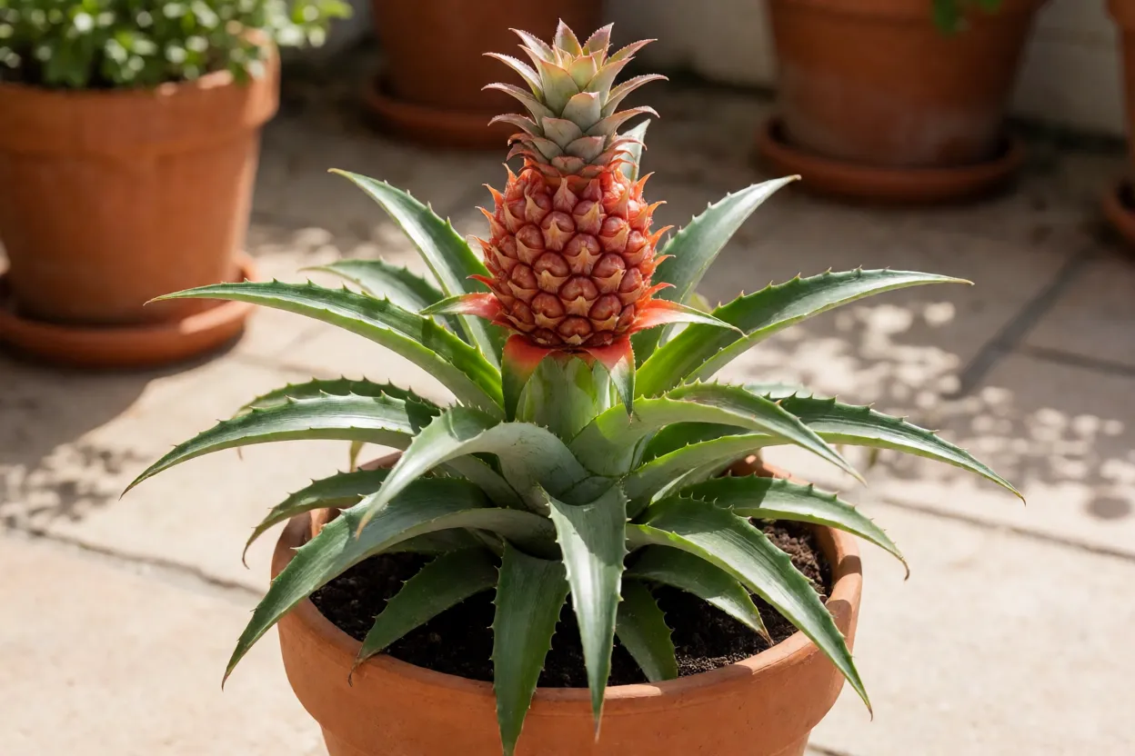 Abacaxi-ornamental adulto em vaso de barro com mini fruto avermelhado