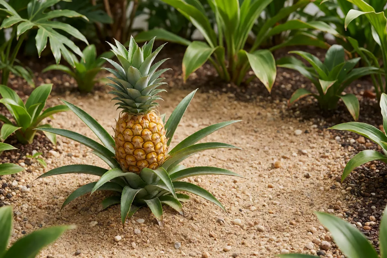 Abacaxi-ornamental plantado em canteiro de jardim tropical