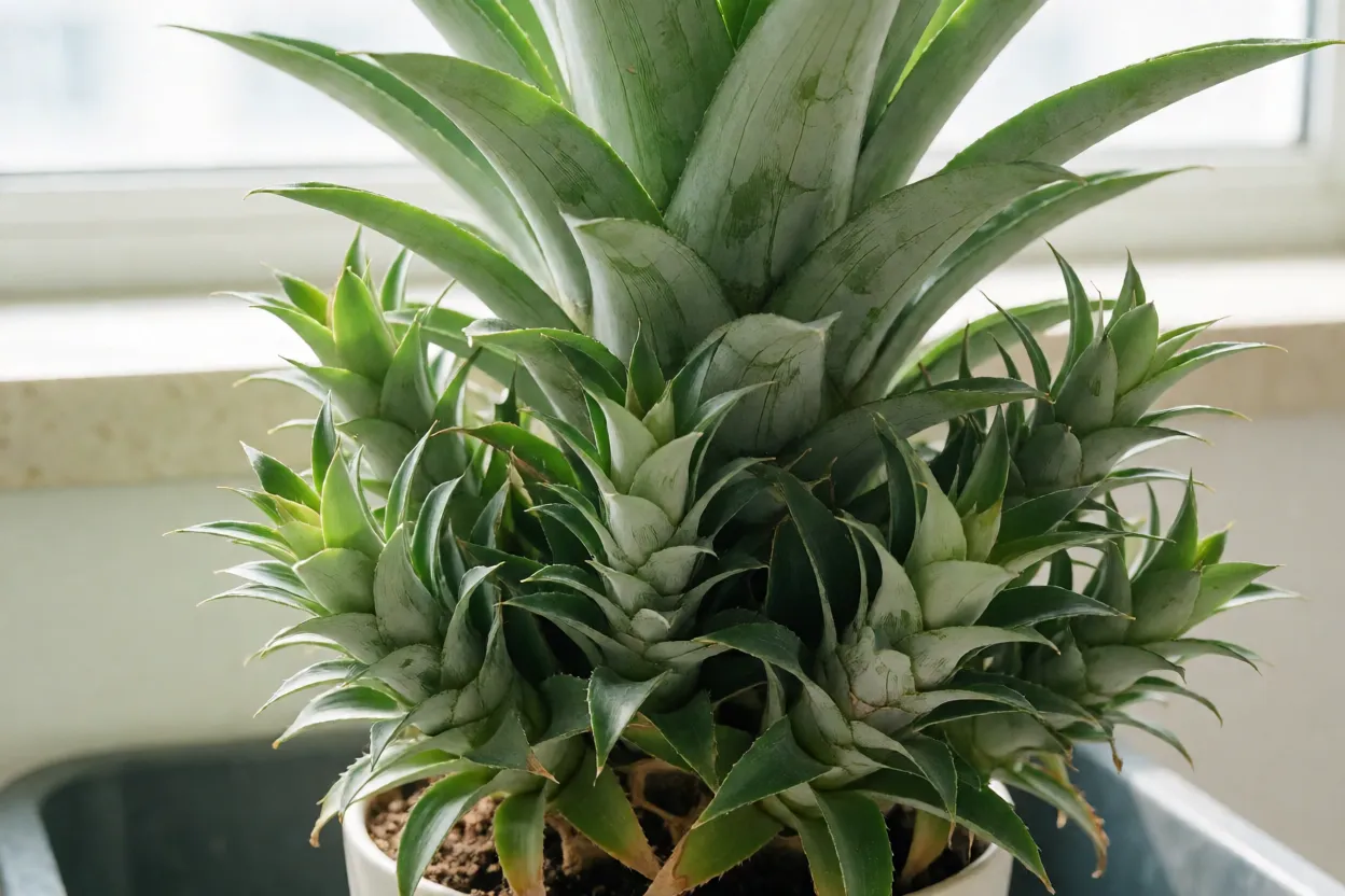 Filhotes laterais na base do abacaxi-ornamental para propagação