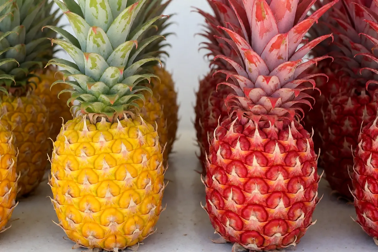 Variações de cor do abacaxi-ornamental com frutos amarelo e vermelho