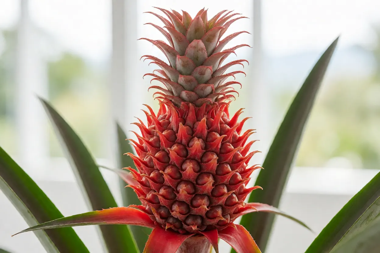 Abacaxi-ornamental: cores das folhas, características e como cultivar Inflorescência vermelha e pequeno fruto de abacaxi-ornamental