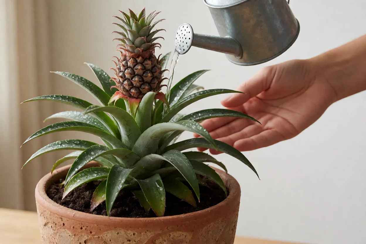 Abacaxi-ornamental: cores das folhas, características e como cultivar Rega do centro da roseta de um abacaxi-ornamental em vaso