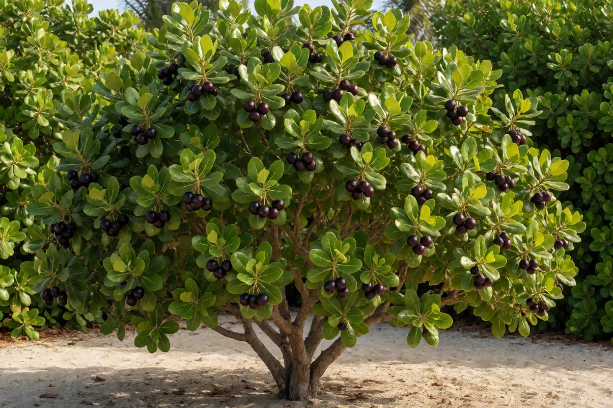 Abajeru adulto com frutos roxo-escuros maduros em jardim de restinga