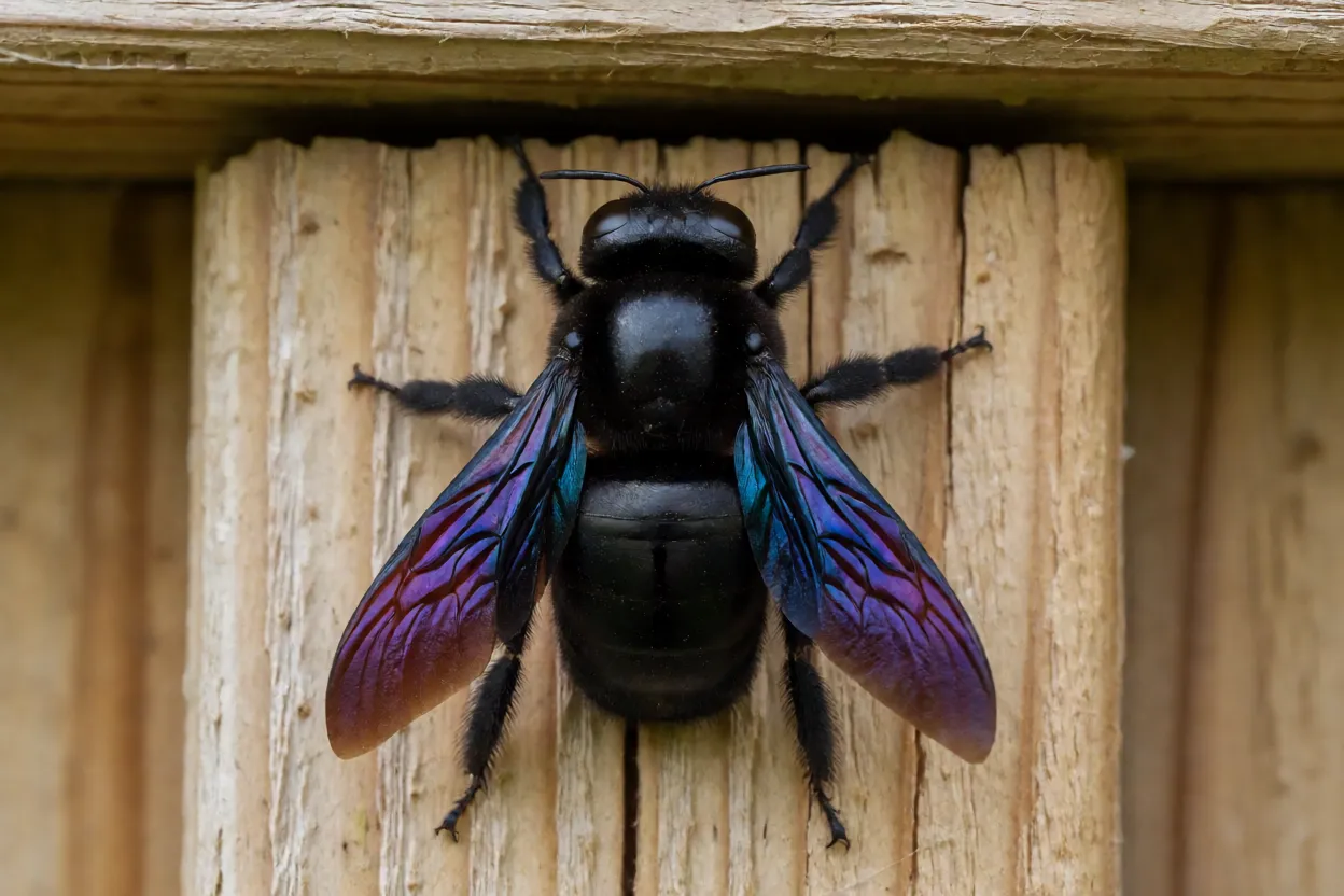 Abelha-carpinteira preta grande sobre viga de madeira com asas violeta