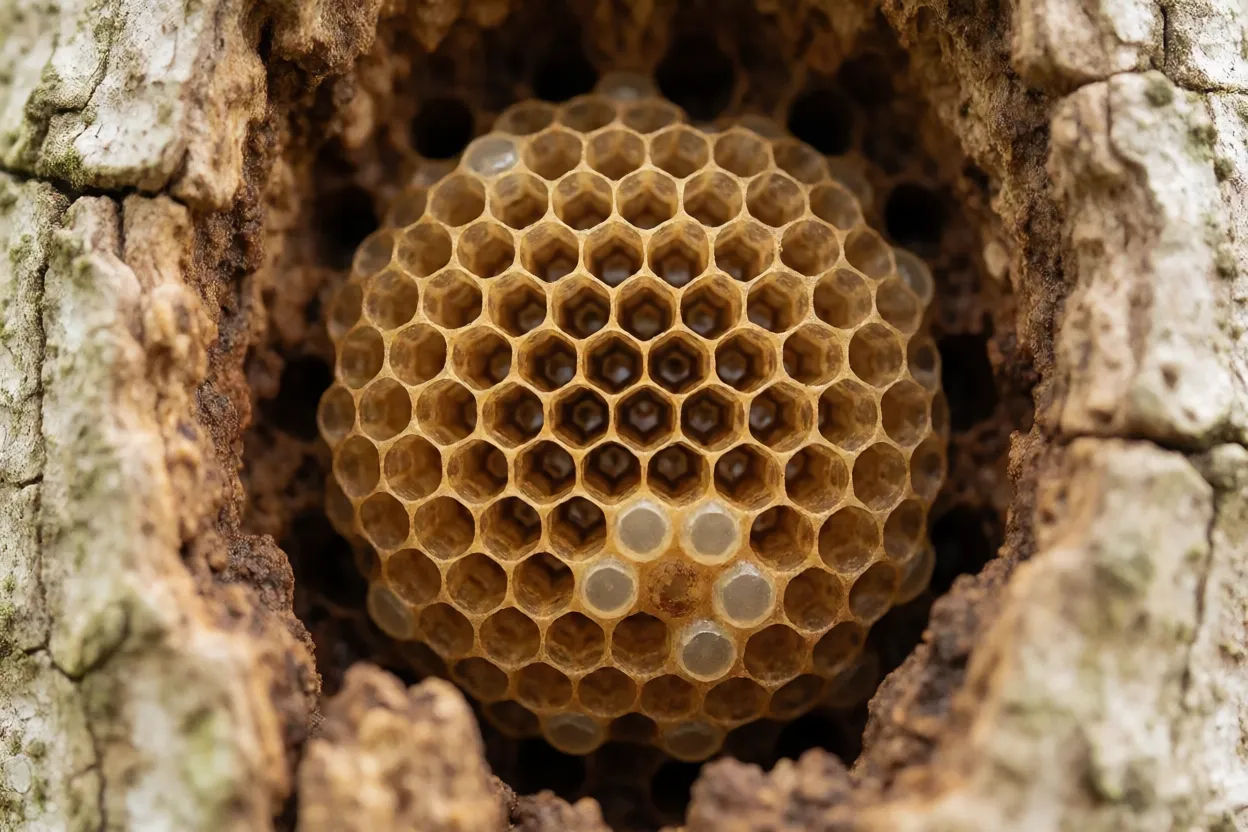 Interior do ninho da abelha-mulata com células de cria em cachos e potes de mel