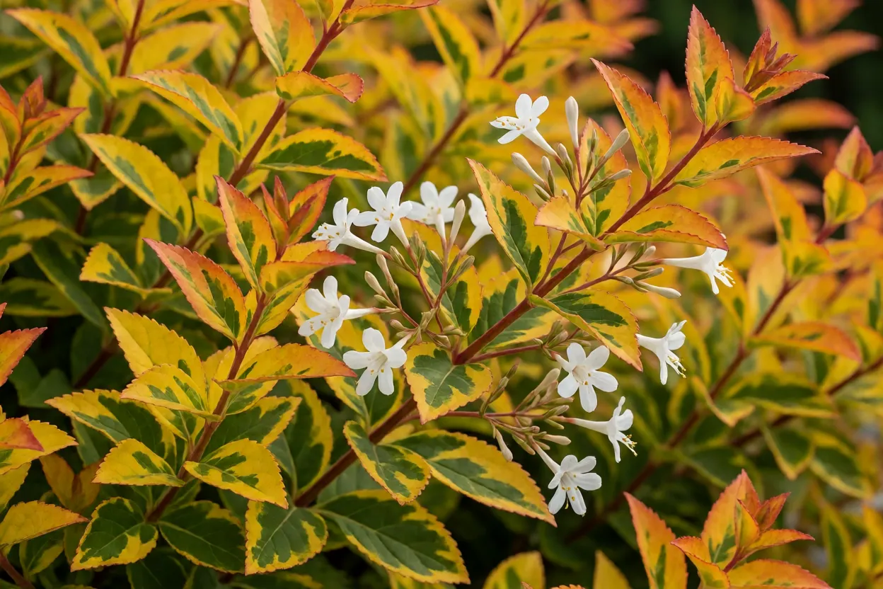 Cultivar Kaleidoscope de Ab&eacute;lia com folhas coloridas