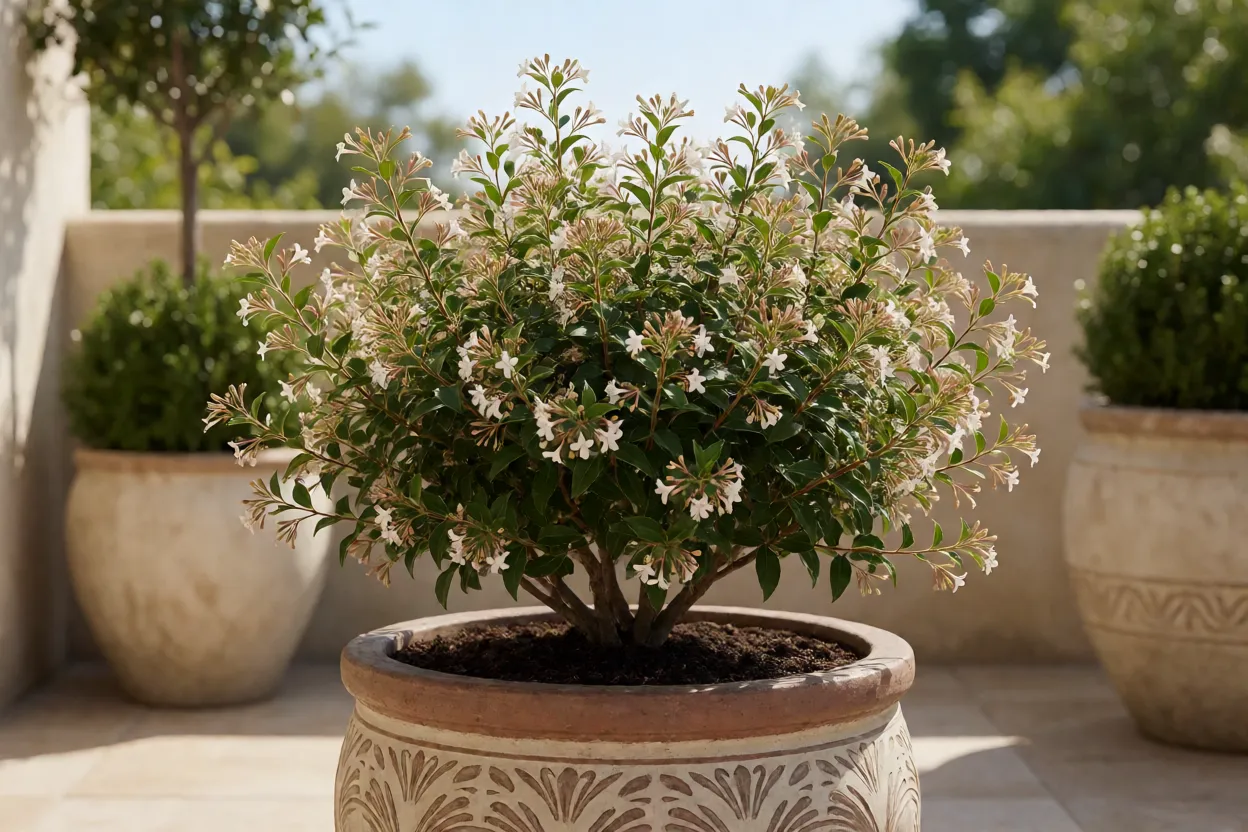 Ab&eacute;lia compacta cultivada em vaso no terra&ccedil;o