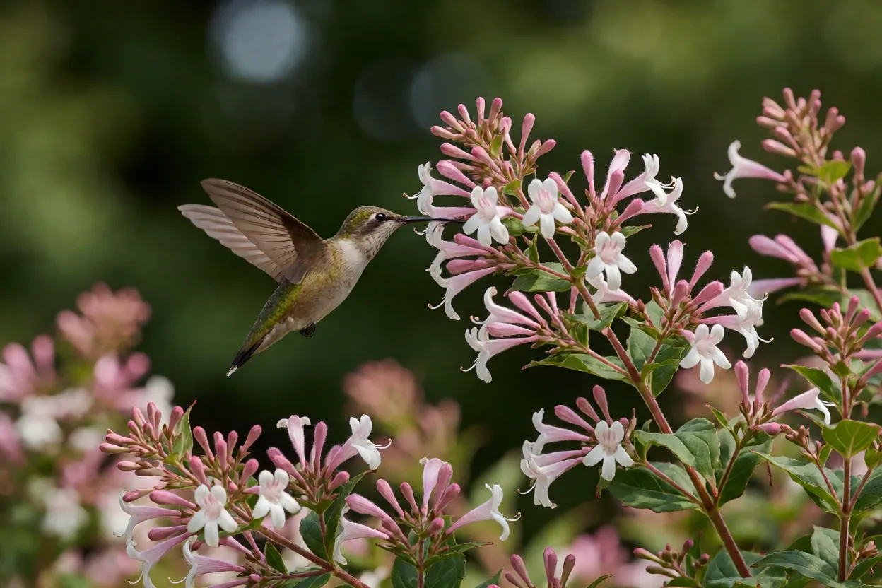 Beija-flor visitando flores de Ab&eacute;lia