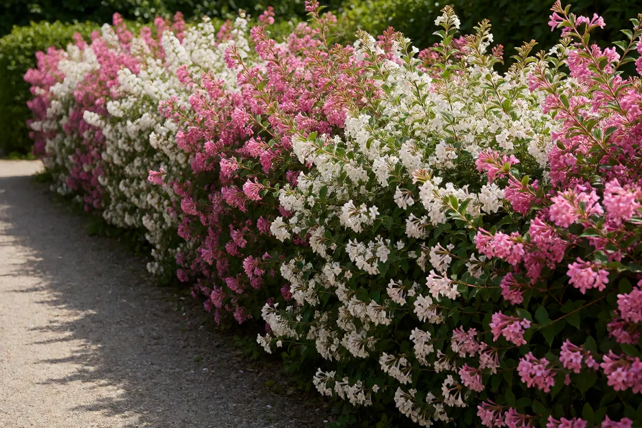 Cerca-viva de Ab&eacute;lia em flor no jardim