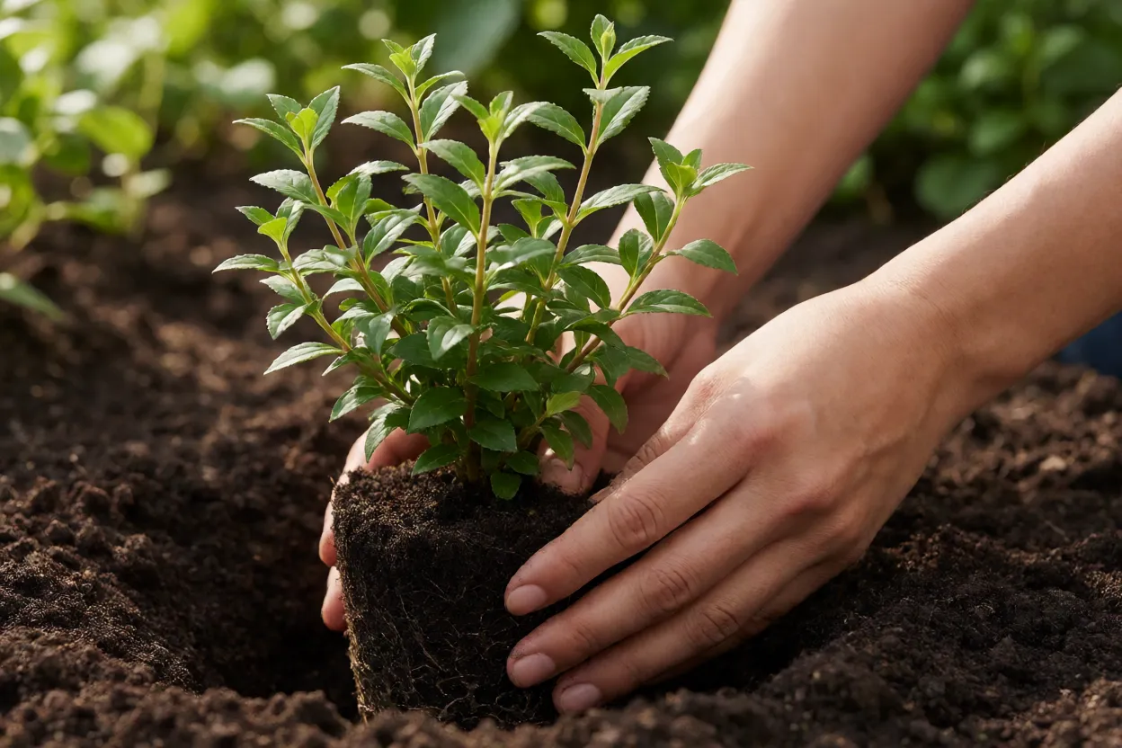 Muda de Ab&eacute;lia sendo plantada no solo