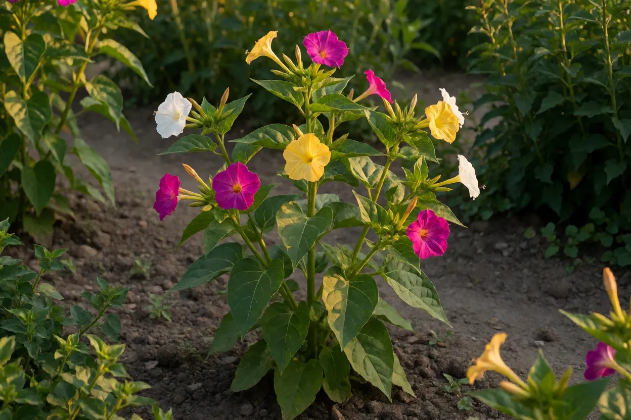 Abre-portas Mirabilis jalapa florida no jardim ao entardecer com flores magentas, amarelas e brancas