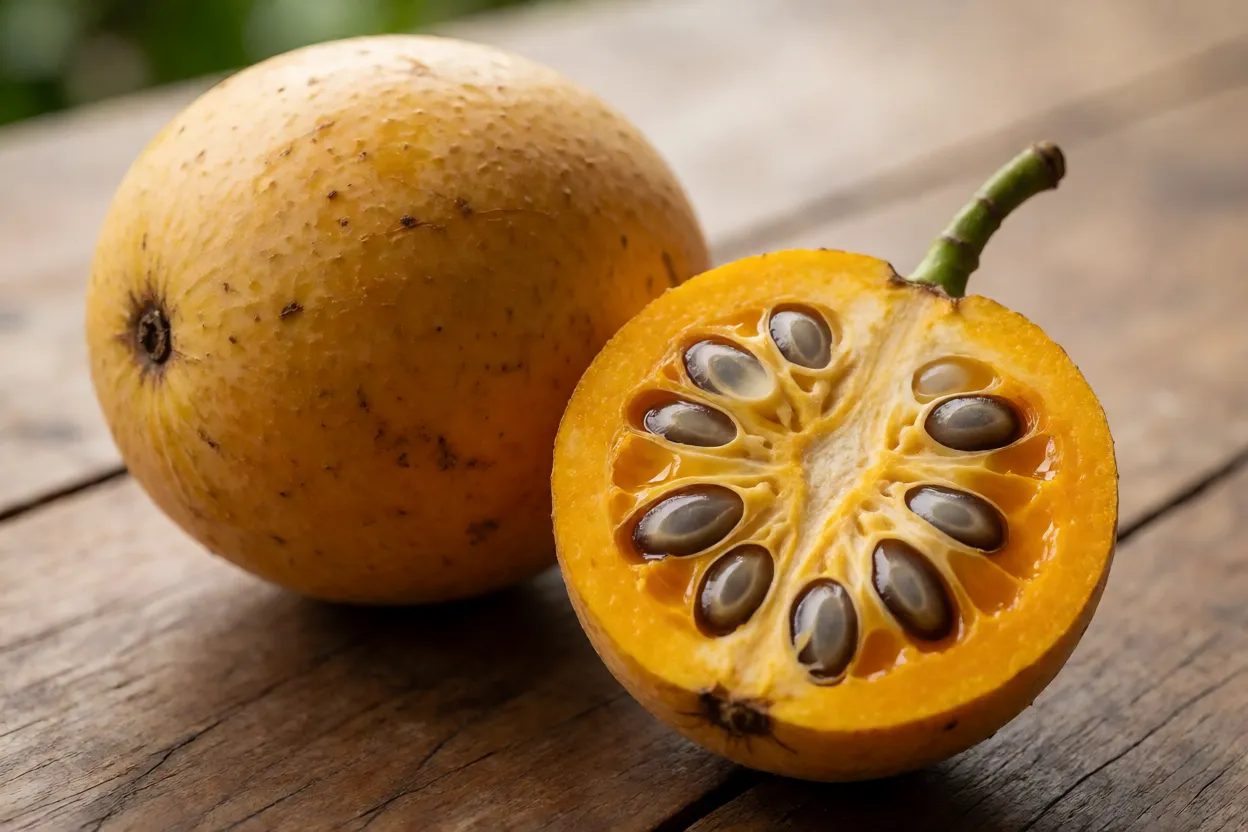 Abricó-do-Pará inteiro e cortado ao meio mostrando polpa laranja e sementes