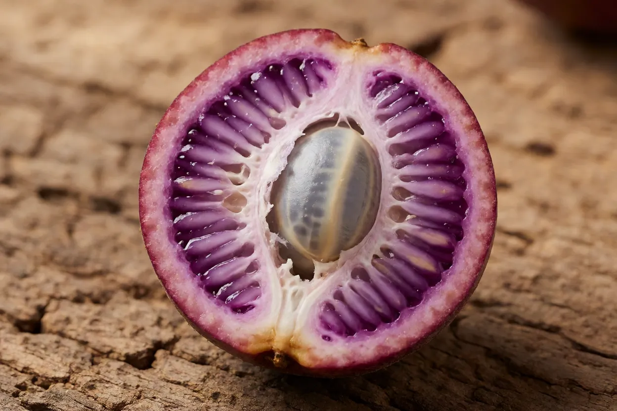 Fruto de açaí cortado mostrando polpa fina e semente grande