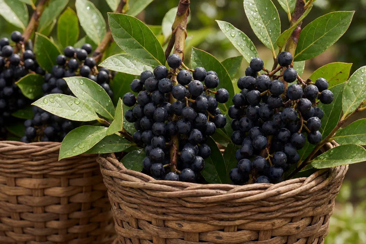 Cachos de a&ccedil;a&iacute; rec&eacute;m-colhidos em cestos durante a safra
