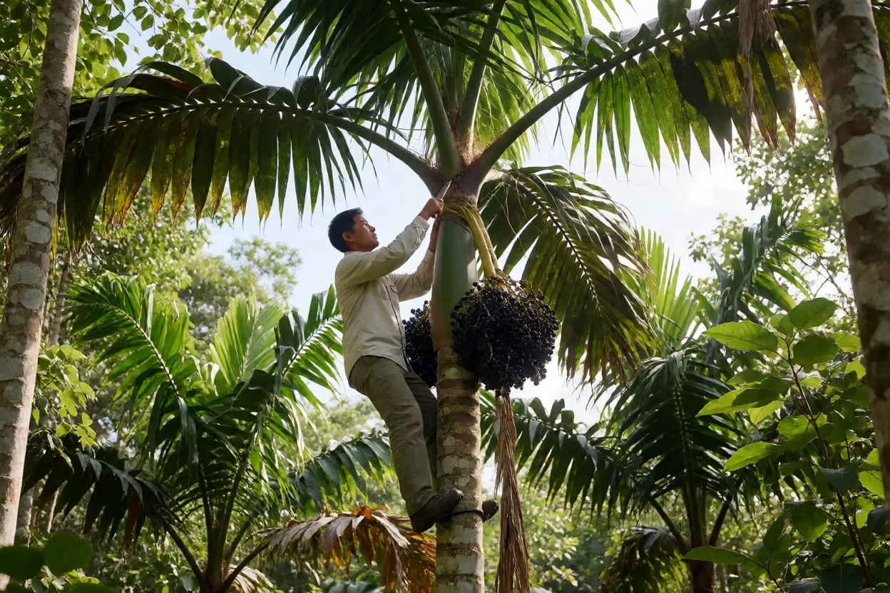 Colhedor subindo em a&ccedil;aizeiro com peconha para cortar o cacho