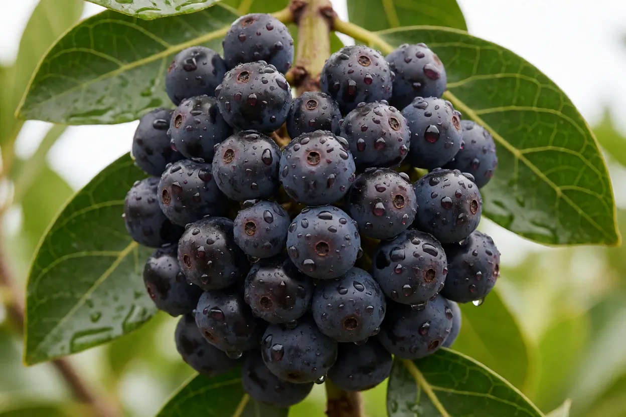 Detalhe de frutos de açaí maduros no cacho
