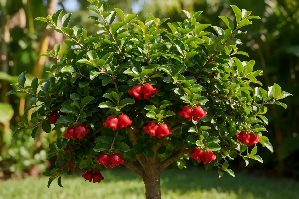 Aceroleira carregada de frutos vermelhos maduros no quintal