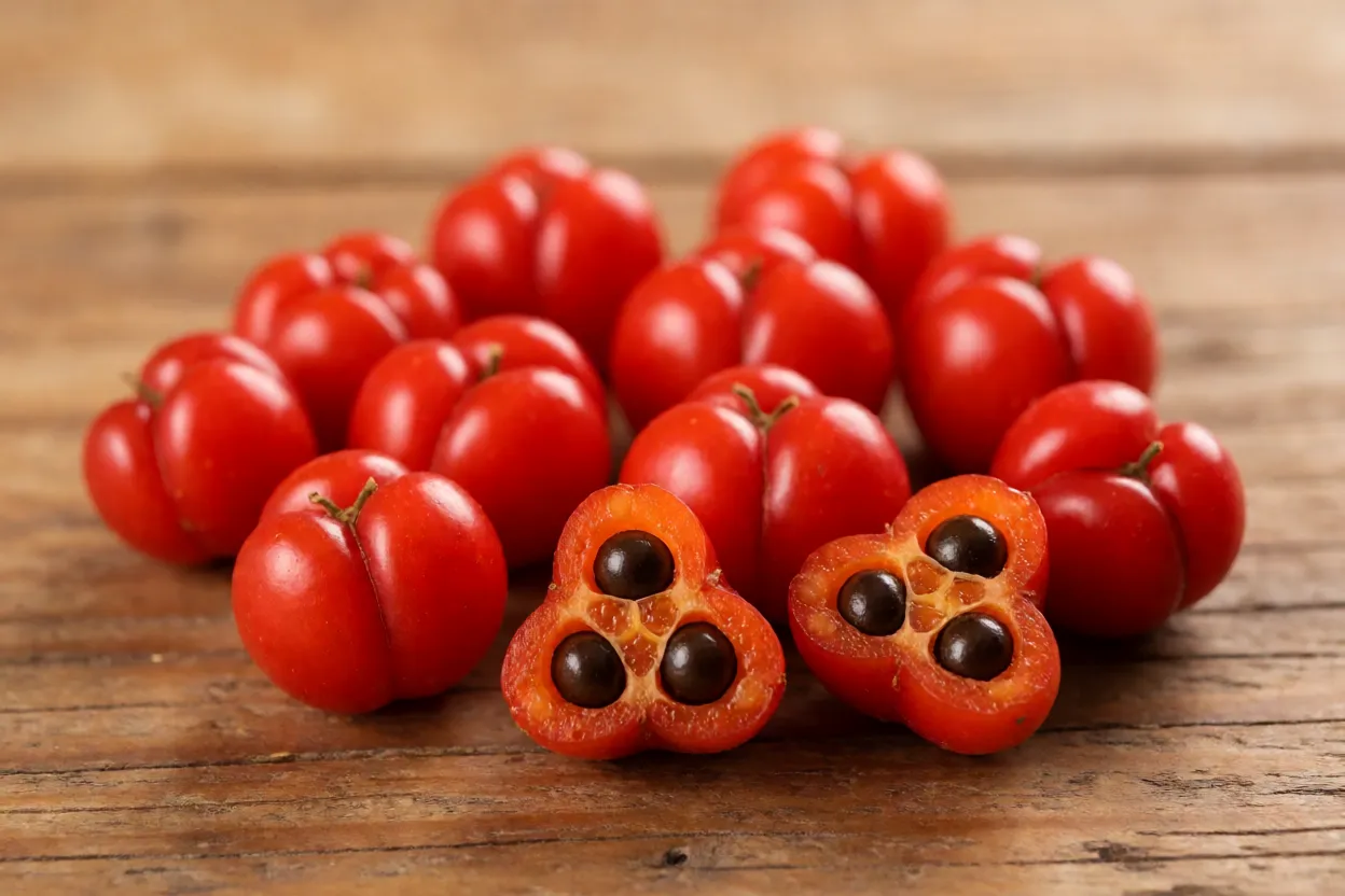 Frutos frescos de acerola-do-mato inteiros e cortados mostrando sementes