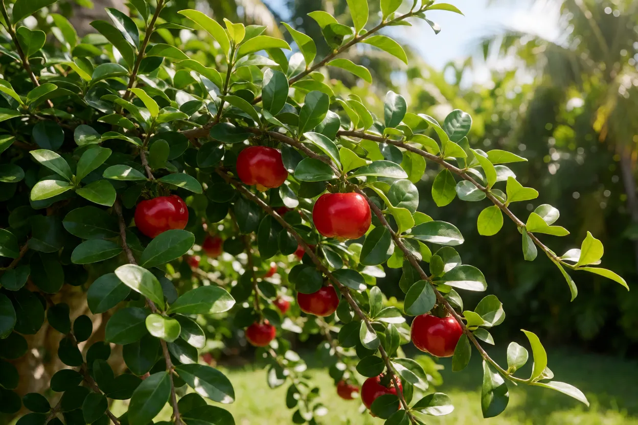 Aceroleira carregada de frutos vermelhos maduros no quintal