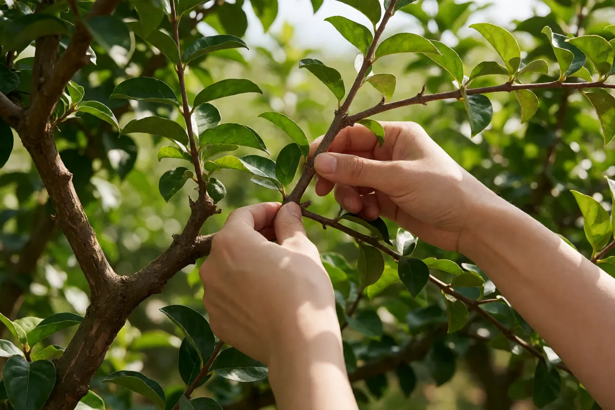 Poda de limpeza em aceroleira adulta com tesoura de poda