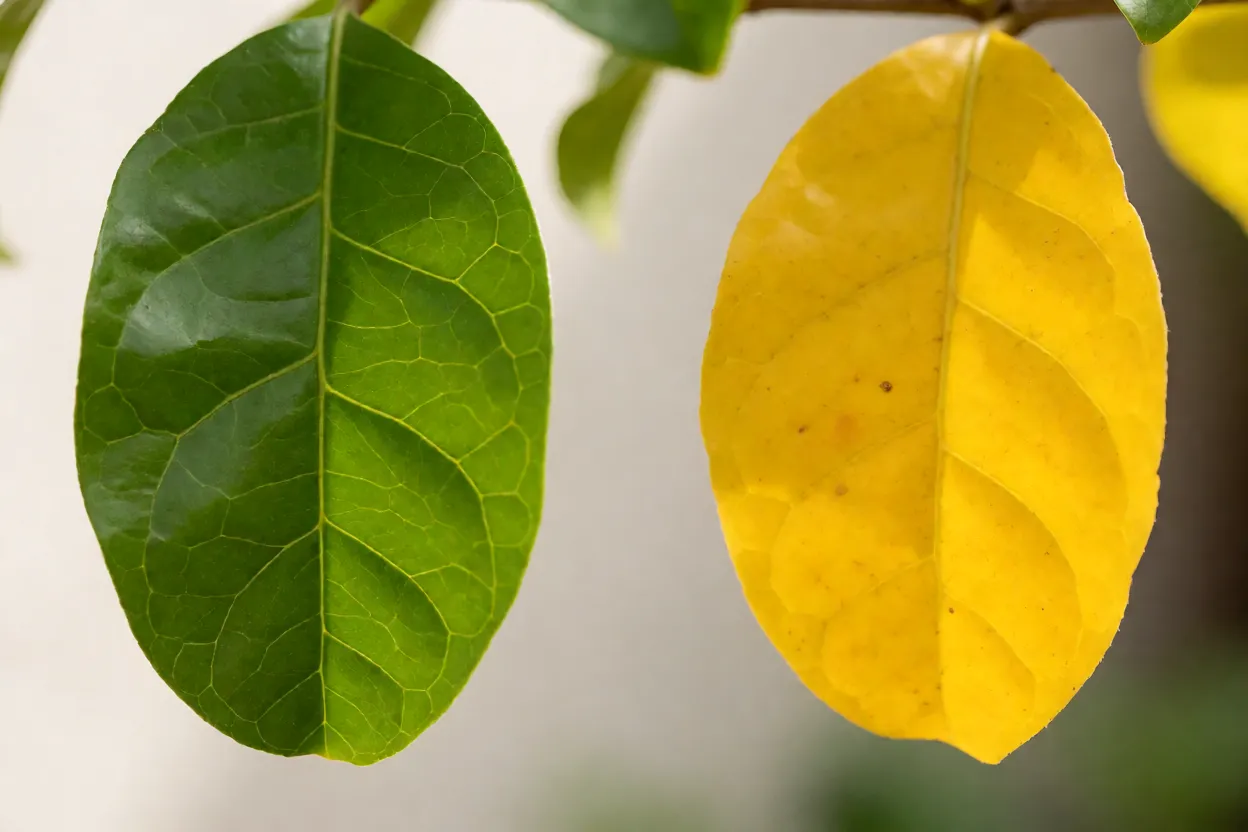 Comparativo de folhas saud&aacute;veis e folhas com clorose em aceroleira