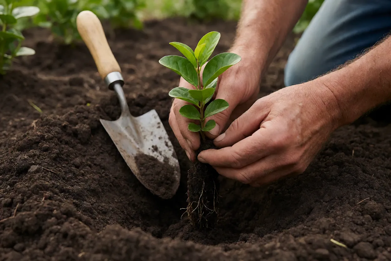 Muda de aceroleira sendo plantada em cova preparada