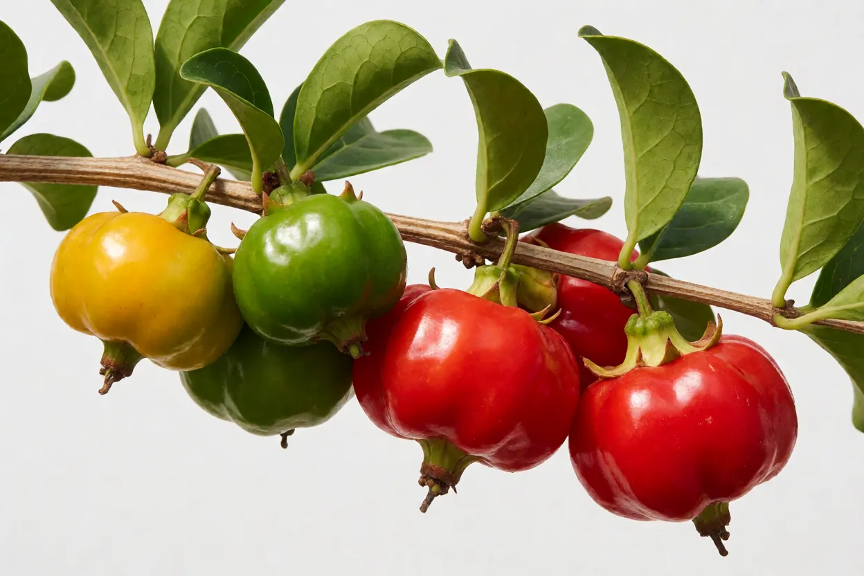 Frutos de acerola em diferentes est&aacute;gios de madura&ccedil;&atilde;o na &aacute;rvore