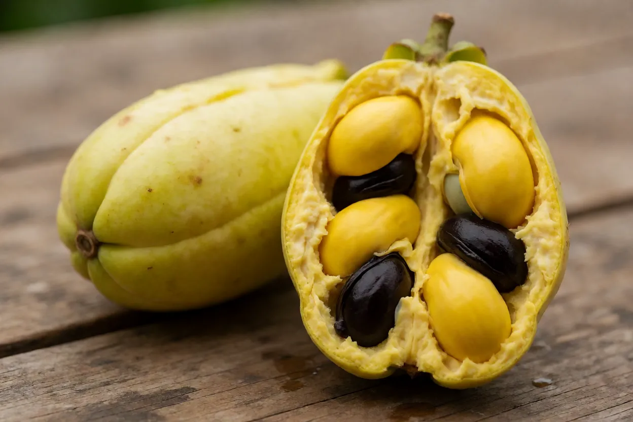 Ackee fresca inteira e aberta mostrando arilos amarelo-creme e sementes pretas