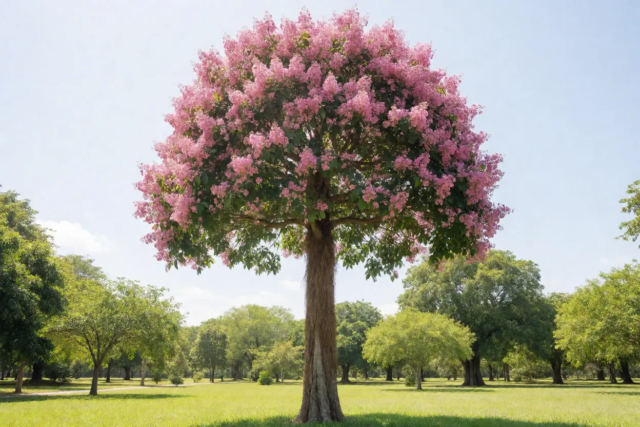 Açoita-cavalo adulto florido em parque a sol pleno