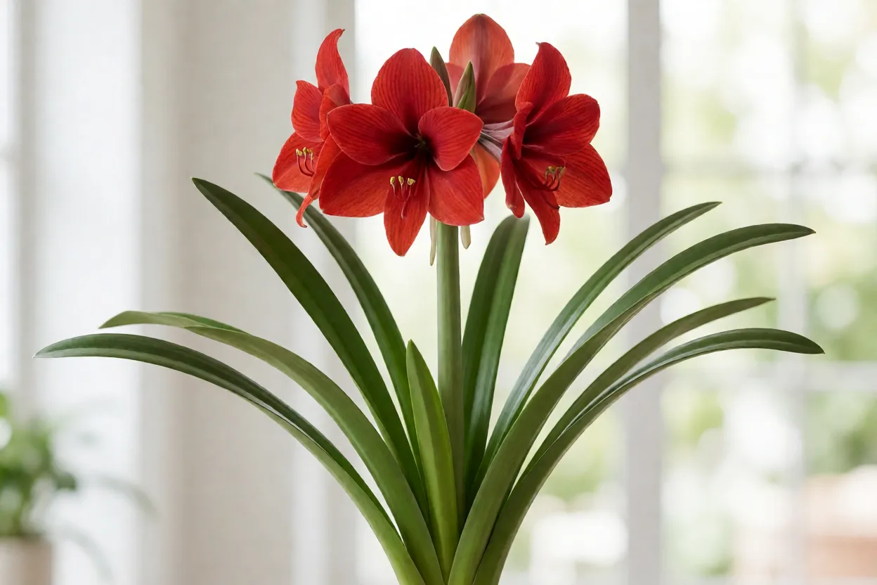 A&ccedil;ucena vermelha em flor com folhas longas verdes