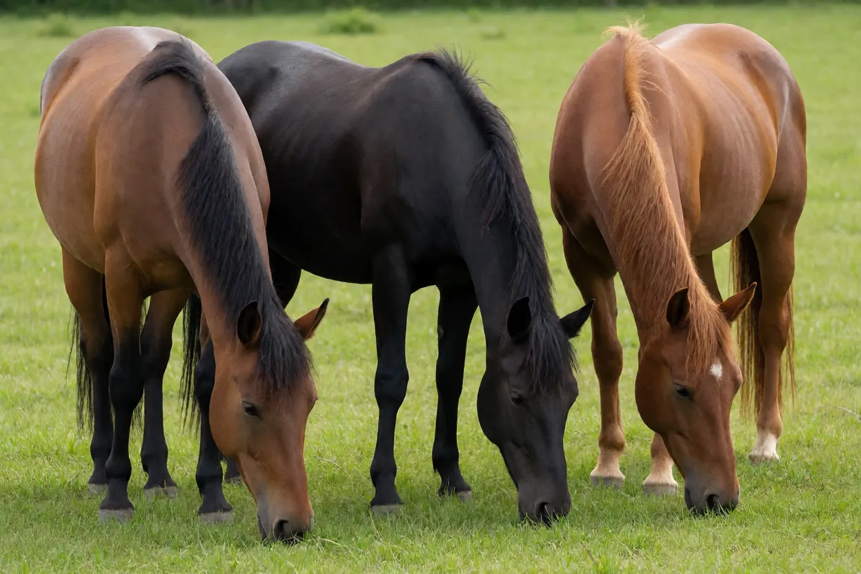 Pequeno grupo de cavalos Aegidienberger pastando juntos