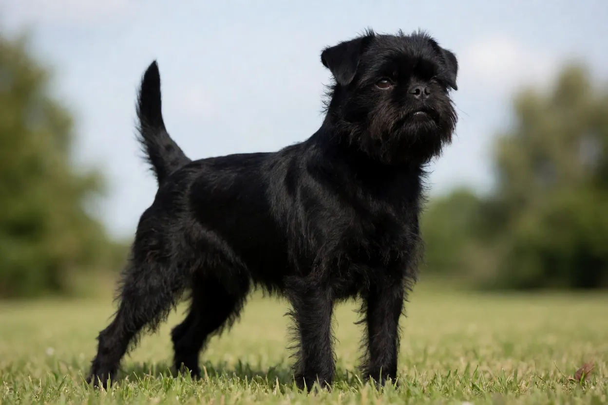 Affenpinscher adulto de corpo inteiro em pé ao ar livre com pelagem preta e áspera