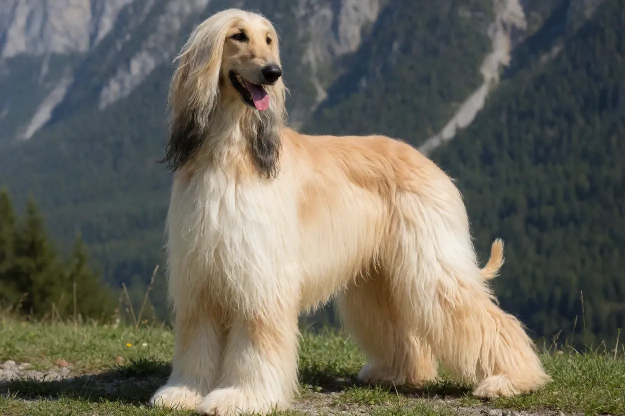 Afghan Hound adulto de corpo inteiro em pé ao ar livre com pelagem longa creme
