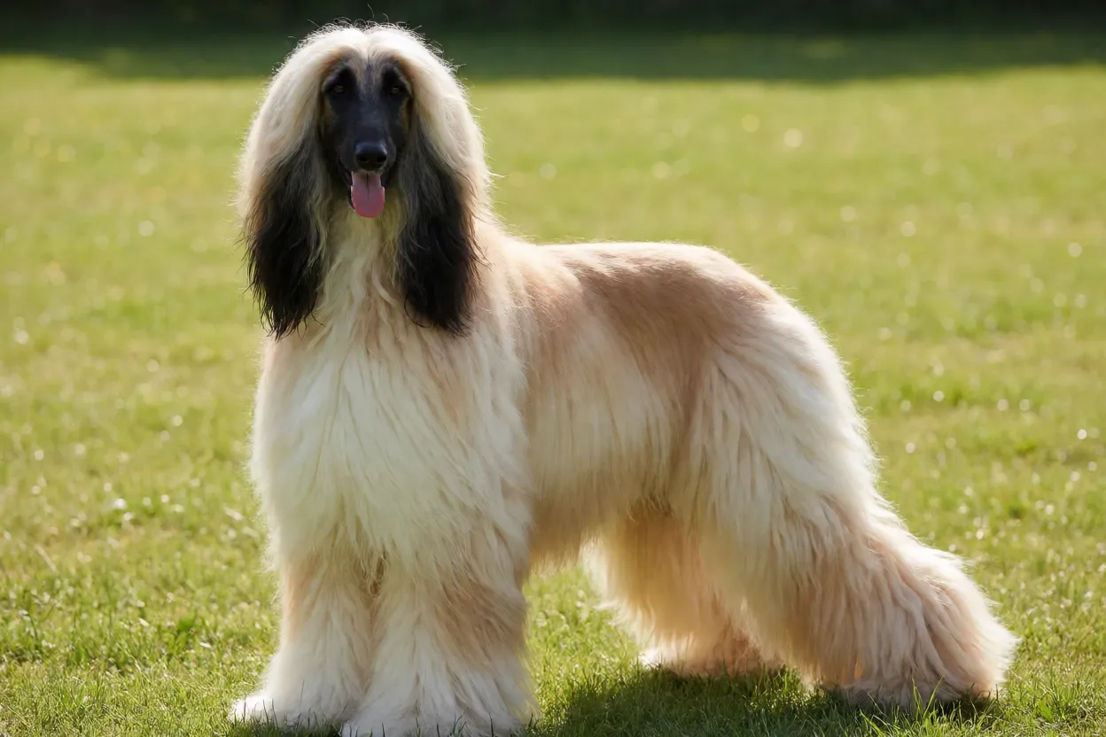 Afghan Hound adulto com pelagem longa e sedosa em ambiente natural