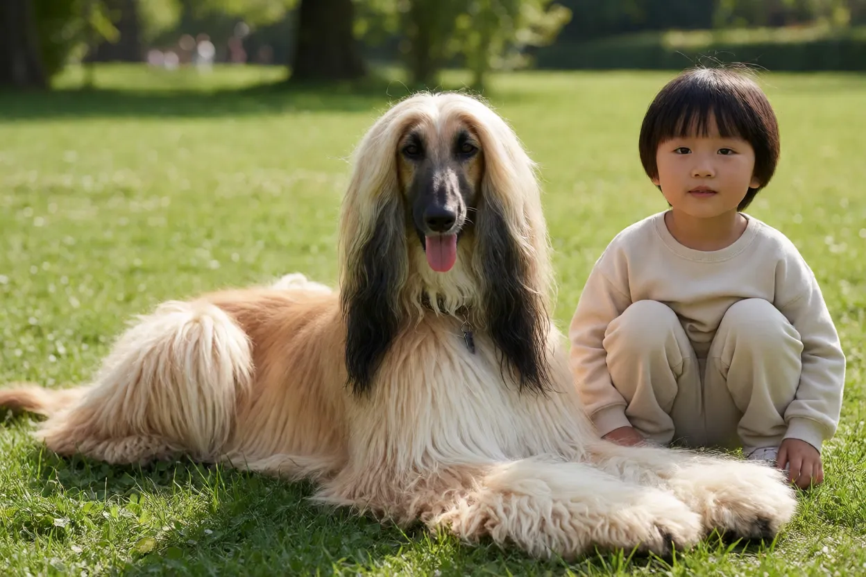 Afghan Hound interagindo calmamente com crian&ccedil;a
